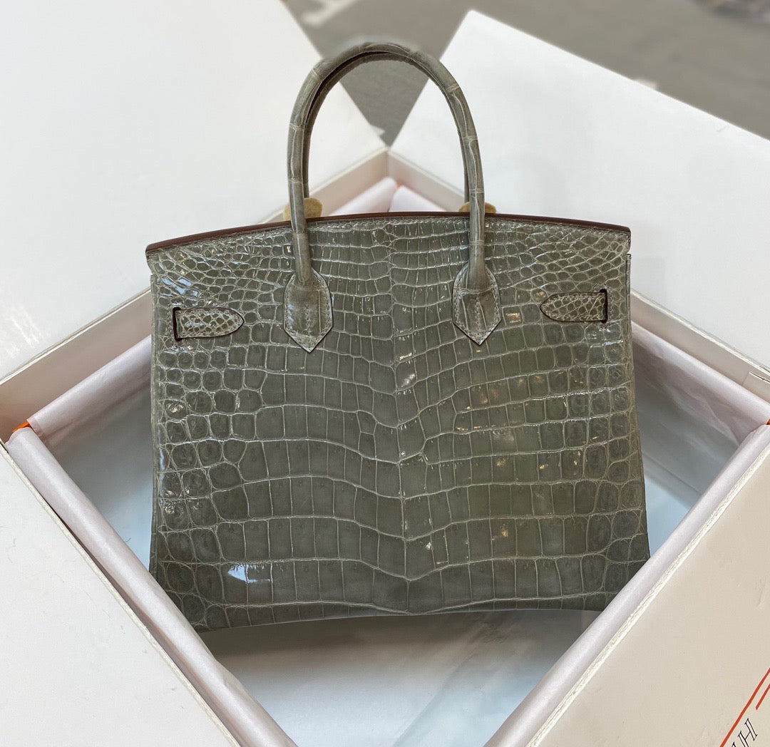 Hermes Birkin 30 Gray Shiny Crocodile Leather Bag