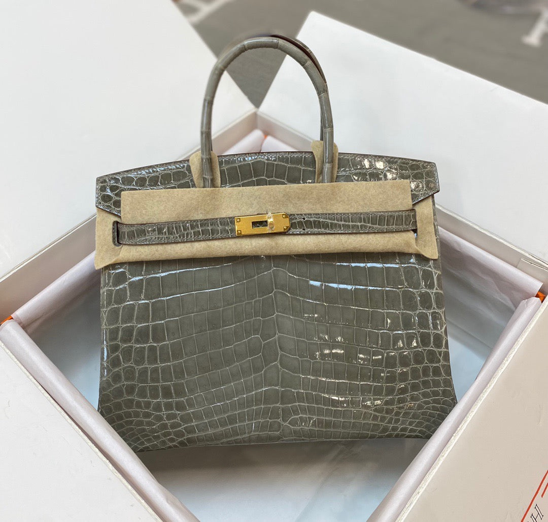 Hermes Birkin 30 Gray Shiny Crocodile Leather Bag