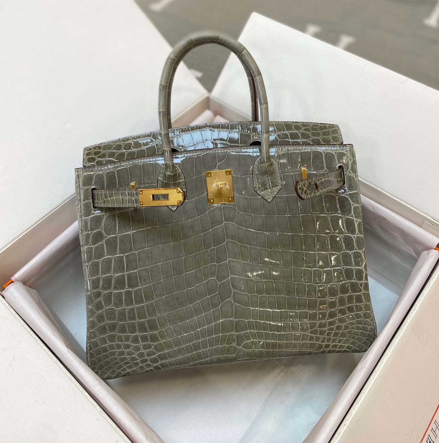 Hermes Birkin 30 Gray Shiny Crocodile Leather Bag