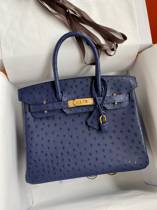 Hermes Birkin 30 Ostrich Leather Dark Blue With Gold Hardware (GHW)