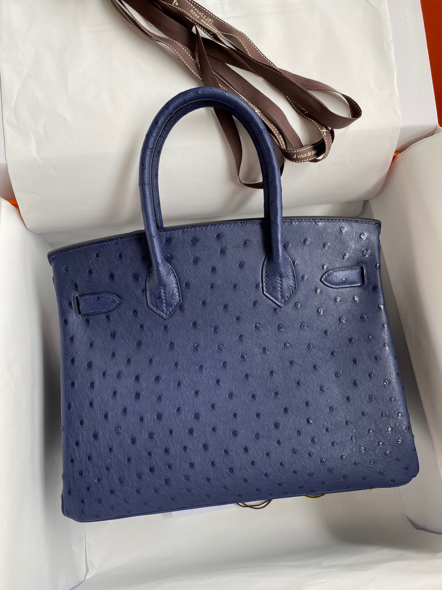 Hermes Birkin 30 Ostrich Leather Dark Blue With Gold Hardware (GHW)