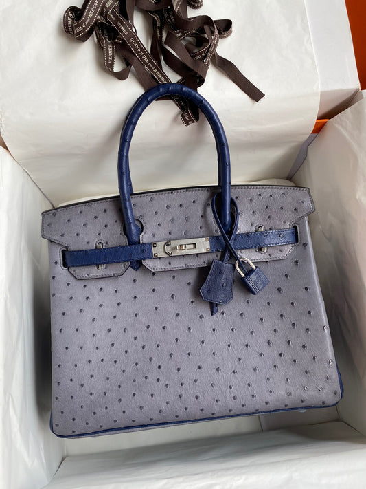 Hermes Birkin 30 Ostrich Leather Light Blue With Silver Hardware (GHW)