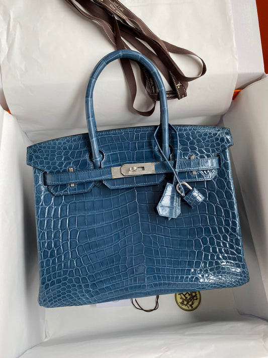 Hermes Birkin 30 Light Blue Crocodile Leather Bag