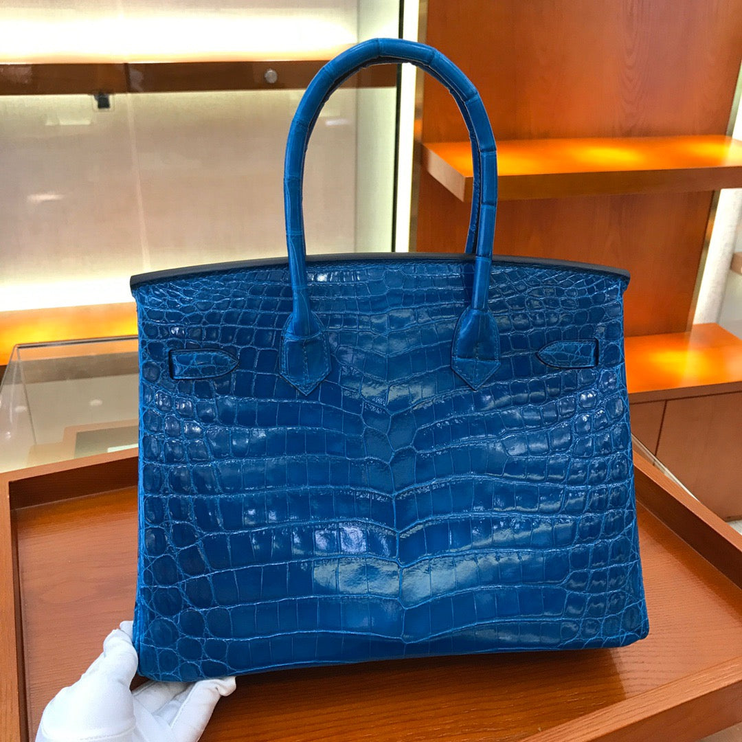 Hermes Birkin 30 Dark Blue Shiny Crocodile Leather Bag