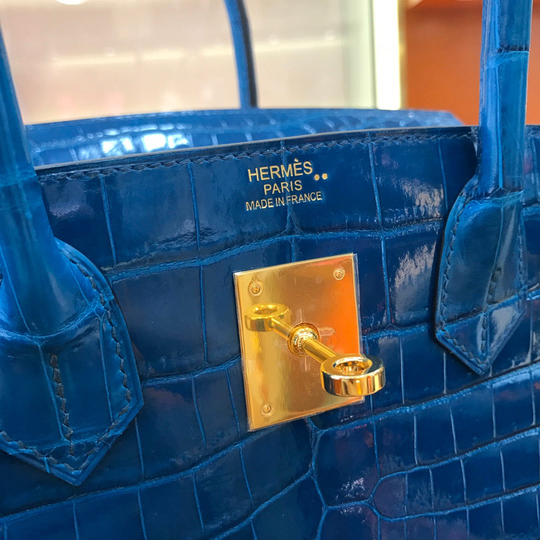 Hermes Birkin 30 Dark Blue Shiny Crocodile Leather Bag