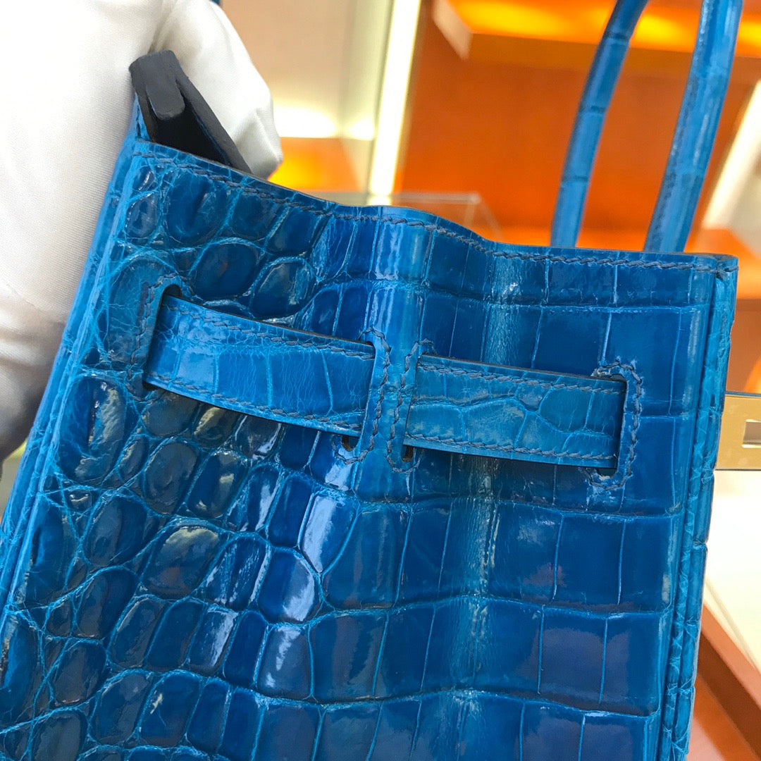 Hermes Birkin 30 Dark Blue Shiny Crocodile Leather Bag