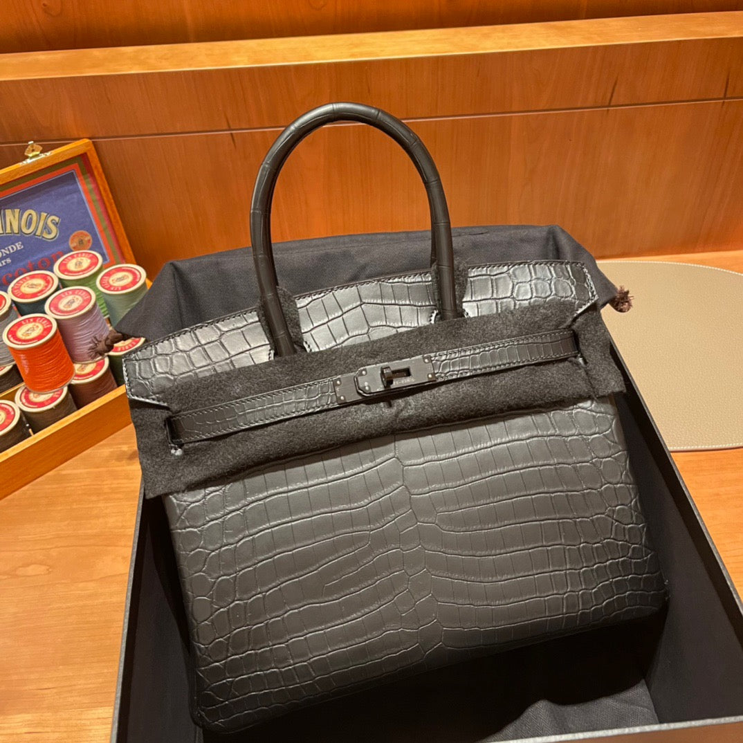 Hermes Birkin 30 Black Crocodile Leather Bag With Black Hardware