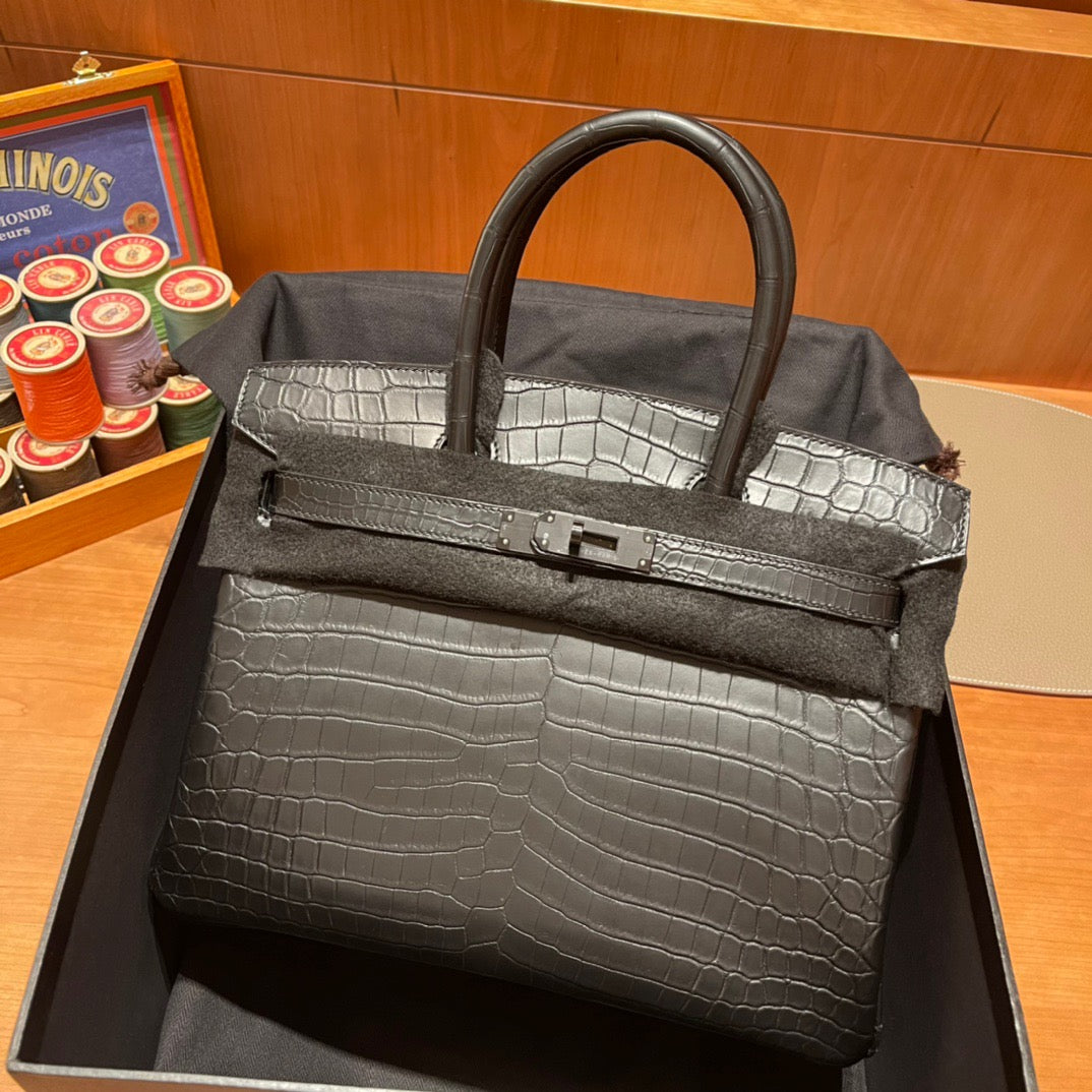 Hermes Birkin 30 Black Crocodile Leather Bag With Black Hardware