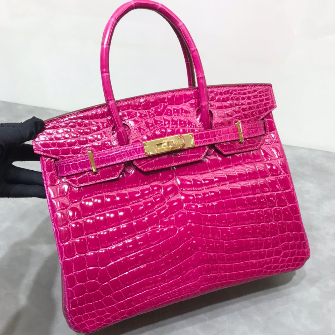 Hermes Birkin 30 Rose Red Shiny Crocodile Leather Bag