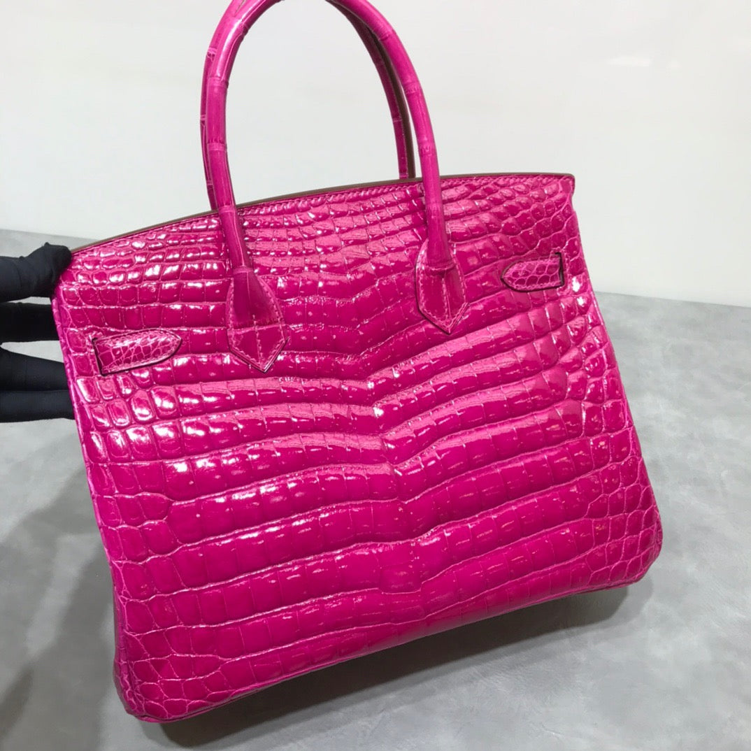 Hermes Birkin 30 Rose Red Shiny Crocodile Leather Bag