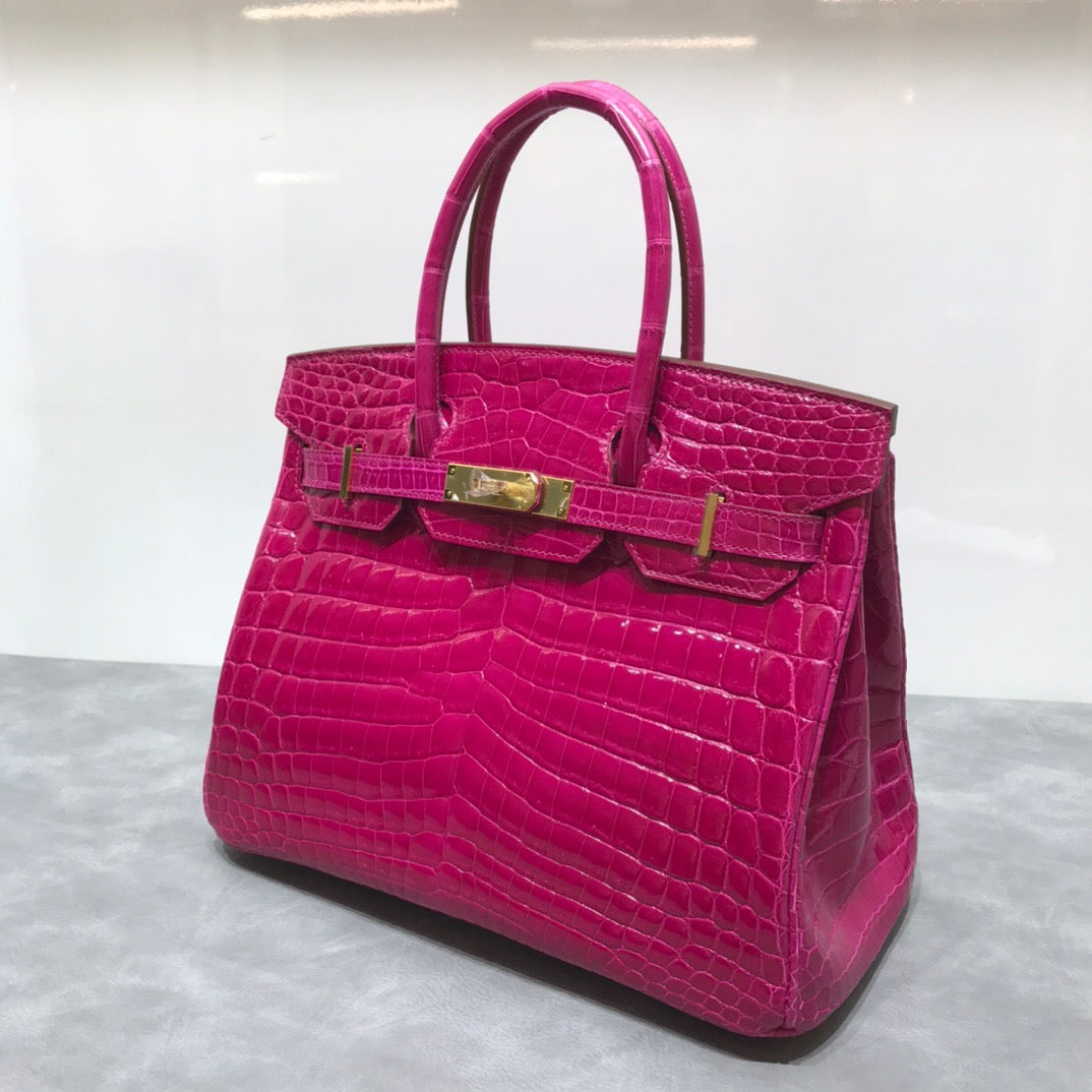 Hermes Birkin 30 Rose Red Shiny Crocodile Leather Bag