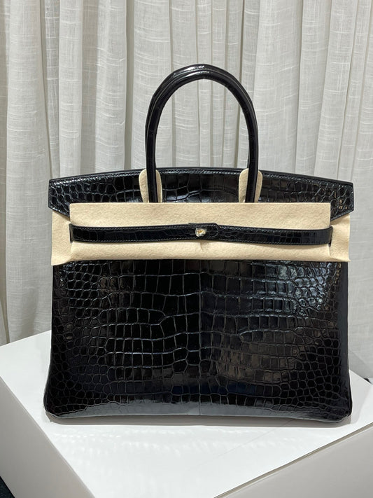 Hermes Birkin 35 Black Crocodile Leather Blue Sapphire With Palladium Hardware