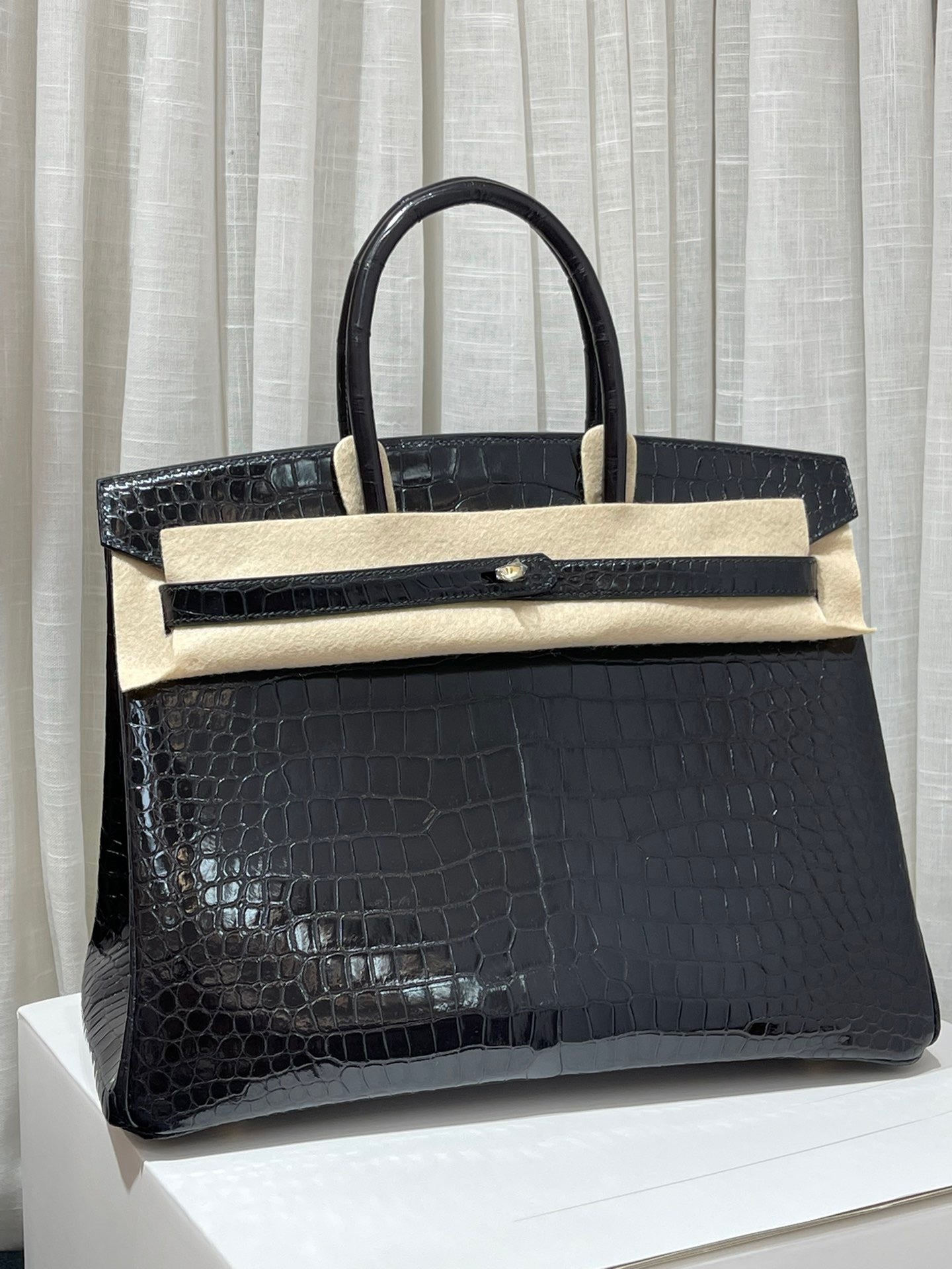 Hermes Birkin 35 Black Crocodile Leather Blue Sapphire With Palladium Hardware