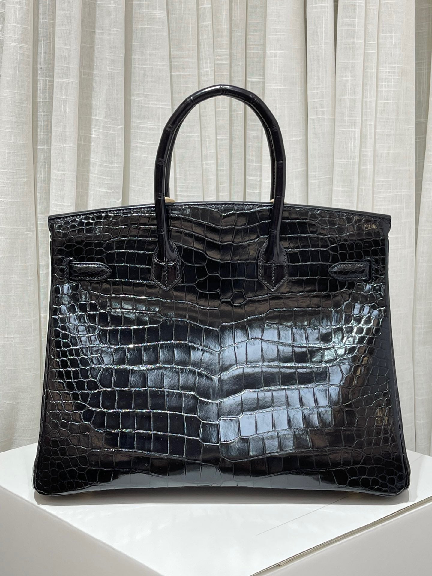 Hermes Birkin 35 Black Crocodile Leather Blue Sapphire With Palladium Hardware