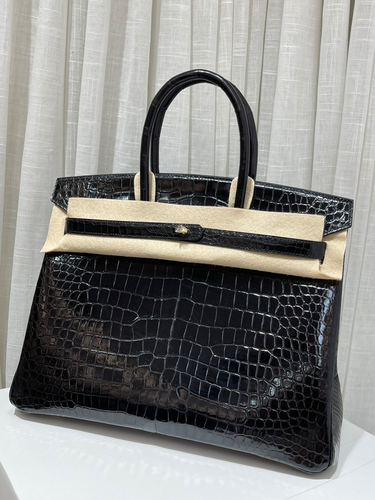 Hermes Birkin 35 Black Crocodile Leather Blue Sapphire With Palladium Hardware