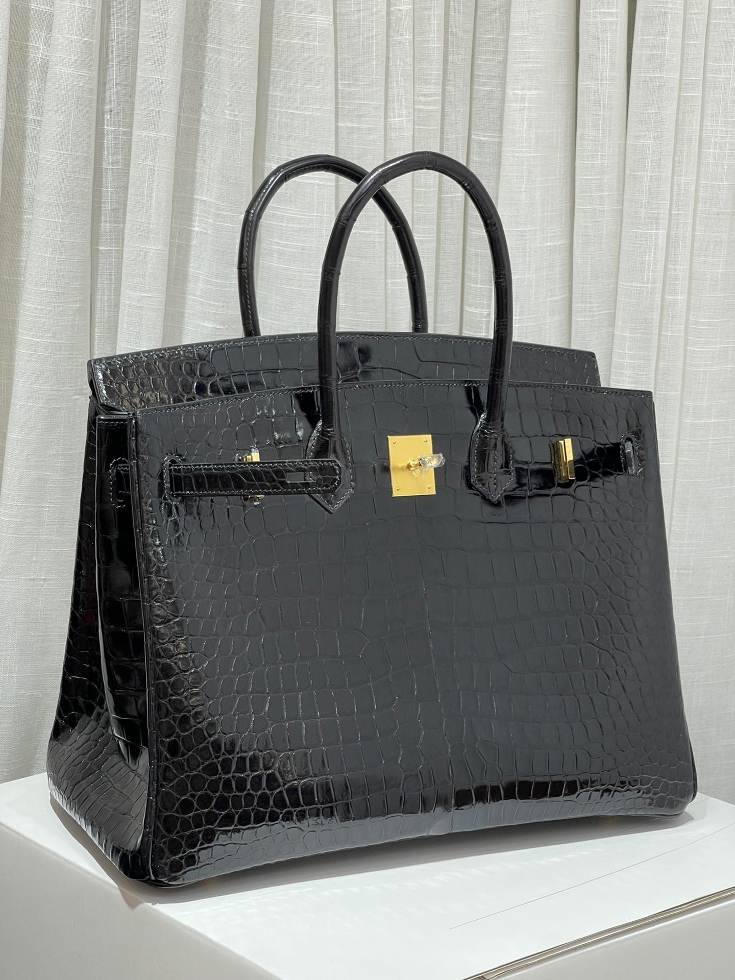 Hermes Birkin 35 Black Crocodile Leather Blue Sapphire With Palladium Hardware