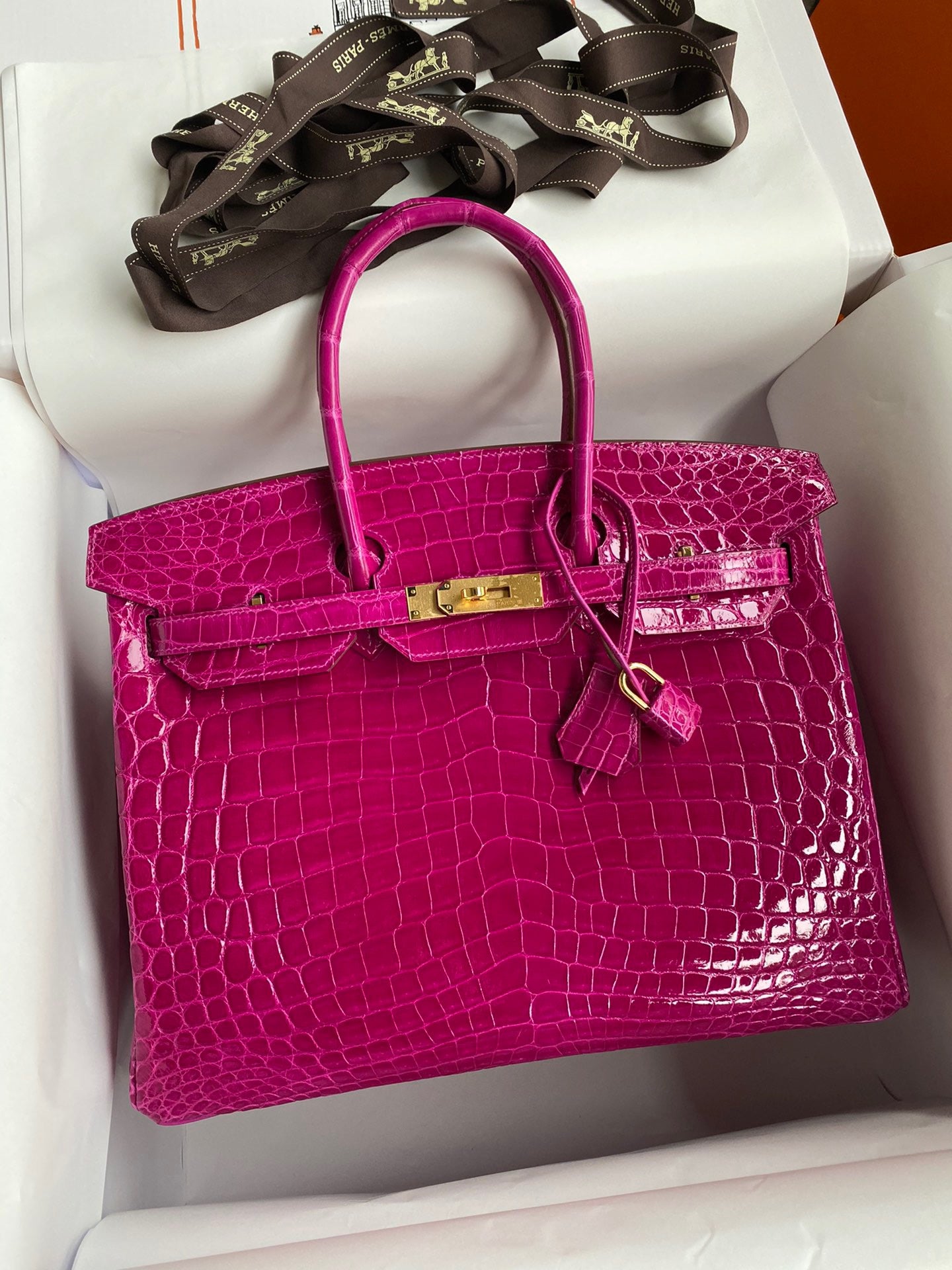 Hermes Birkin 35 Rose Red Crocodile Shiny Leather With Gold Hardware