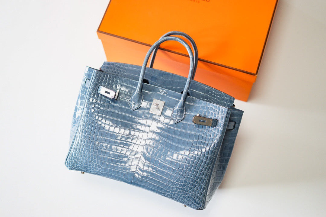 Hermes Birkin 35 Blue Crocodile Leather With Gold Hardware