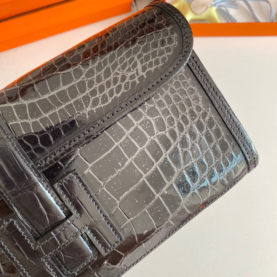 Hermes Jige Clutch In Black Crocodile Leather