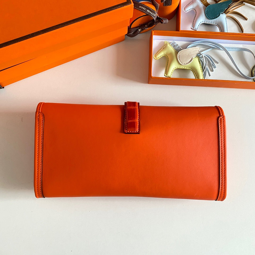 Hermes Orange Jige Elan Crocodile Leather Clutch Swift 29