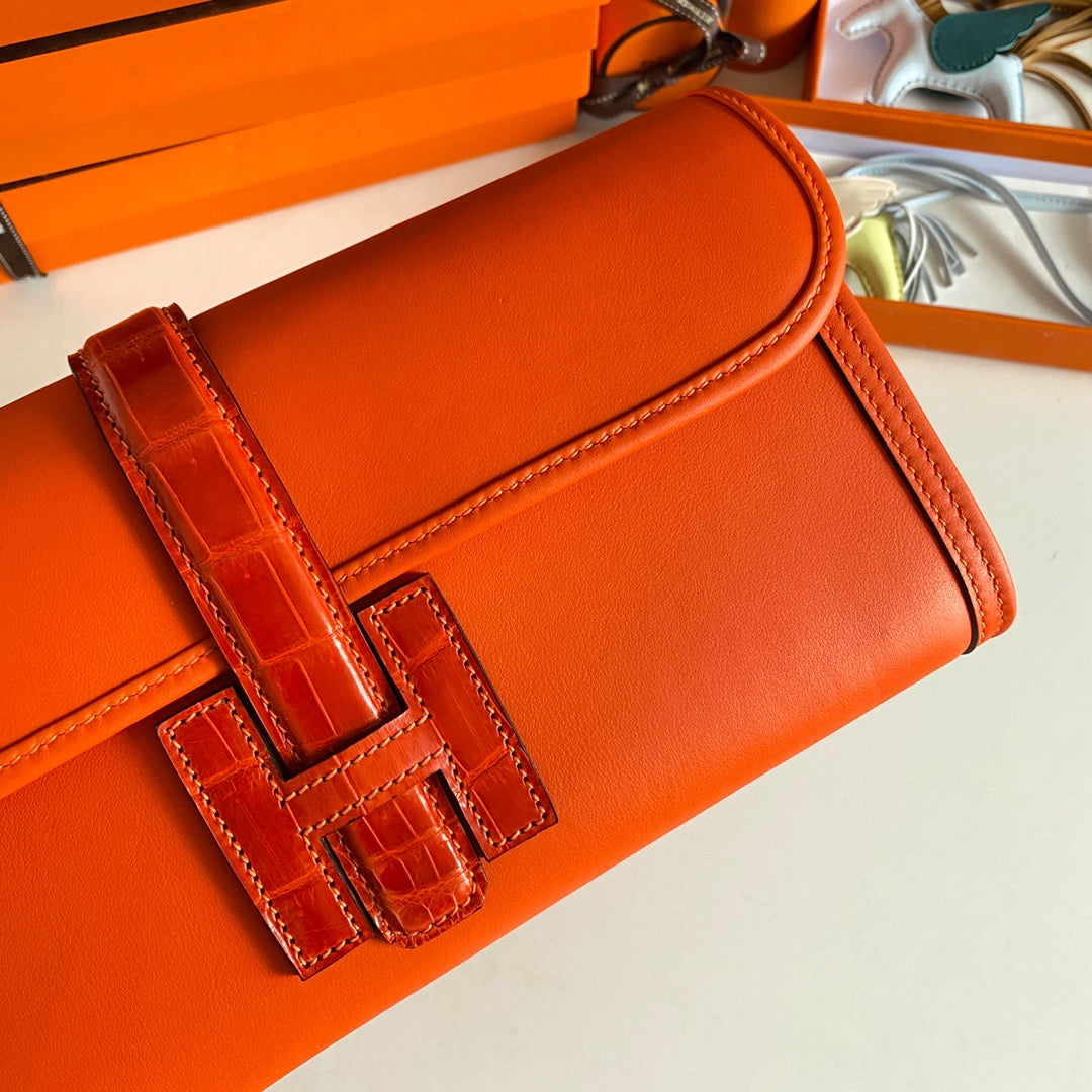 Hermes Orange Jige Elan Crocodile Leather Clutch Swift 29