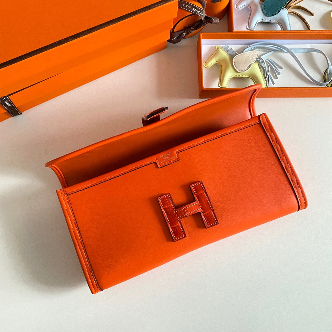 Hermes Orange Jige Elan Crocodile Leather Clutch Swift 29