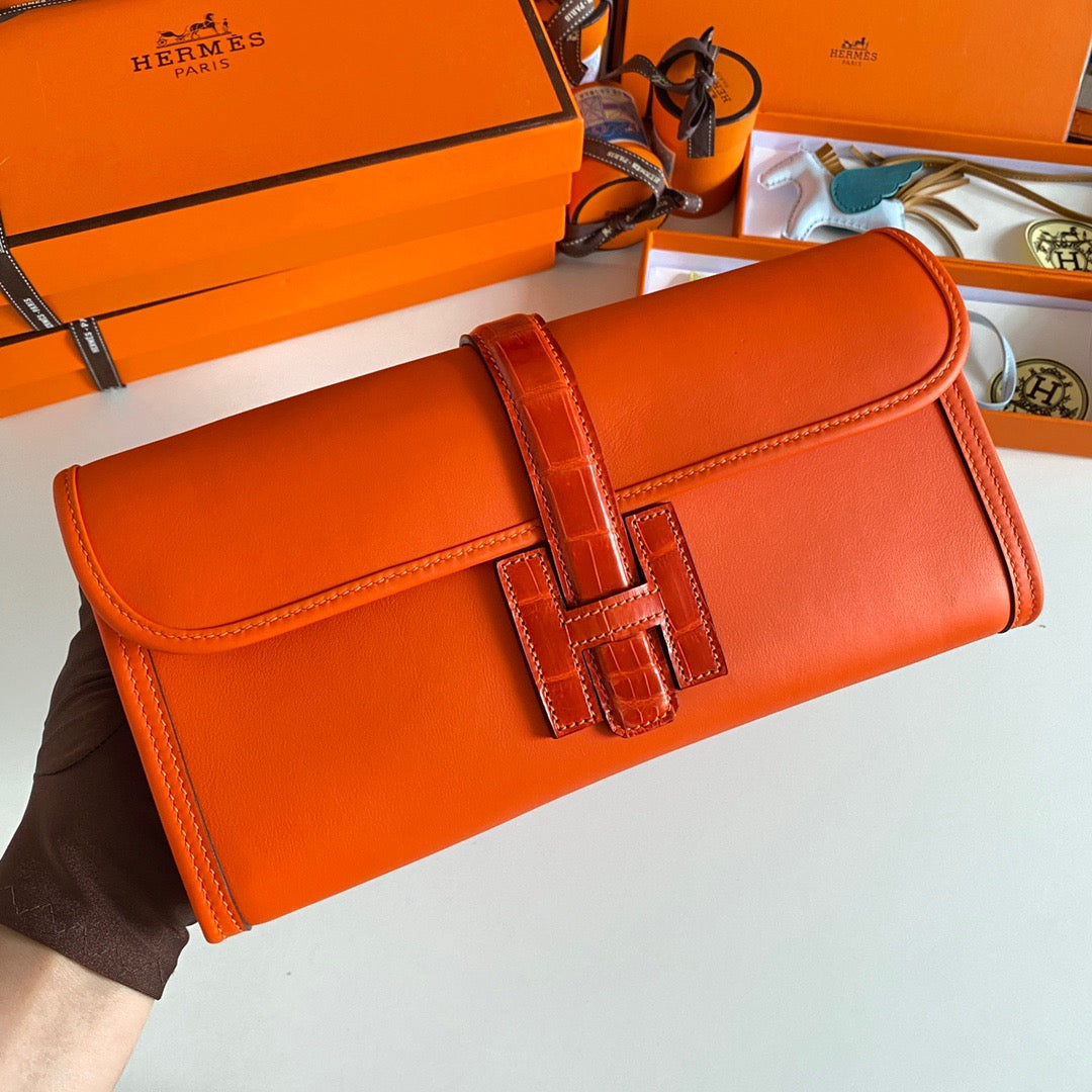 Hermes Orange Jige Elan Crocodile Leather Clutch Swift 29