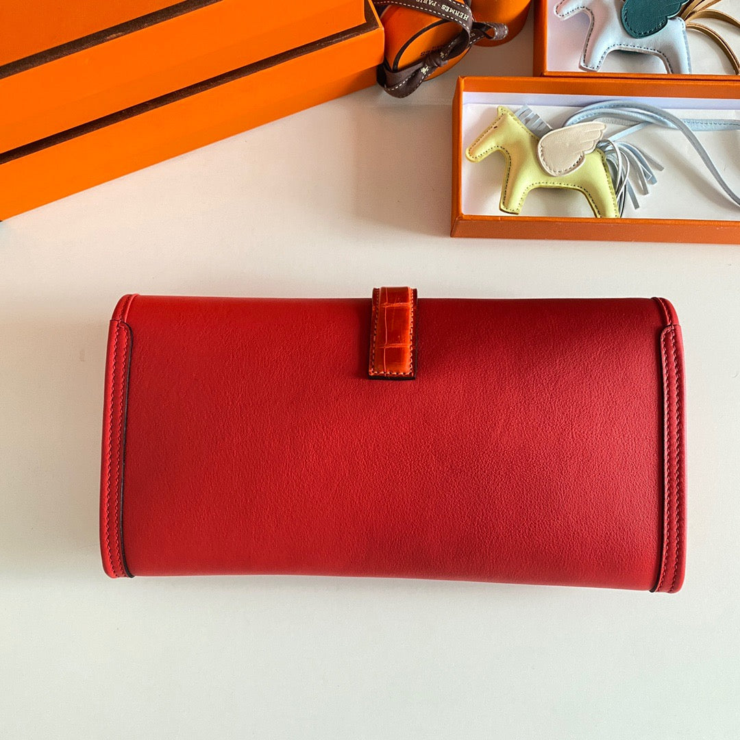 Hermes Red Jige Elan Crocodile Leather Clutch Swift 29