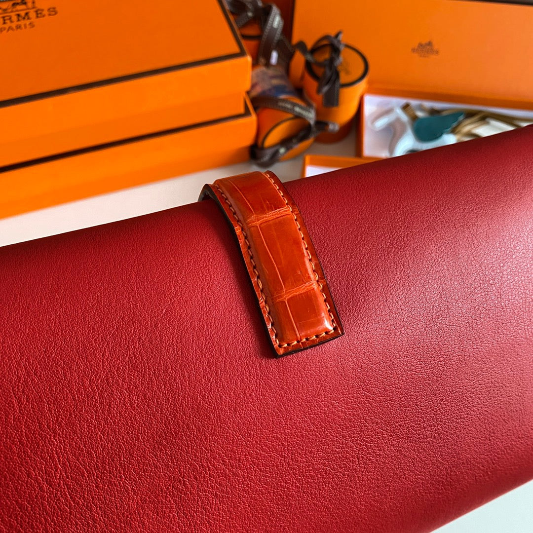 Hermes Red Jige Elan Crocodile Leather Clutch Swift 29