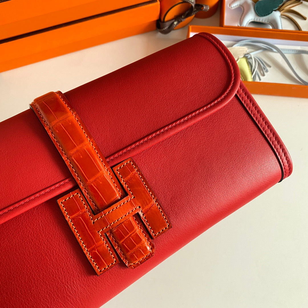 Hermes Red Jige Elan Crocodile Leather Clutch Swift 29