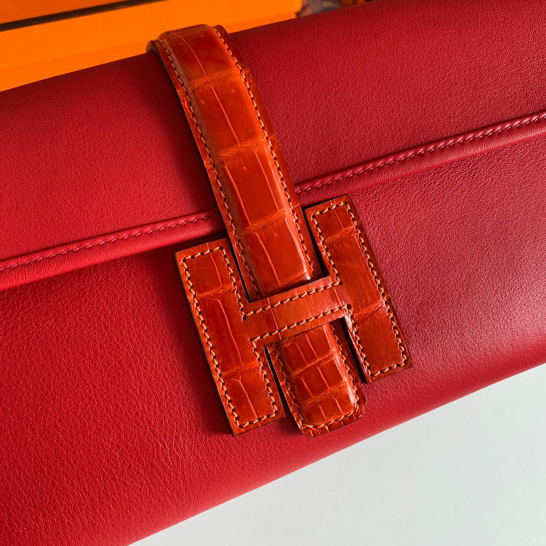 Hermes Red Jige Elan Crocodile Leather Clutch Swift 29