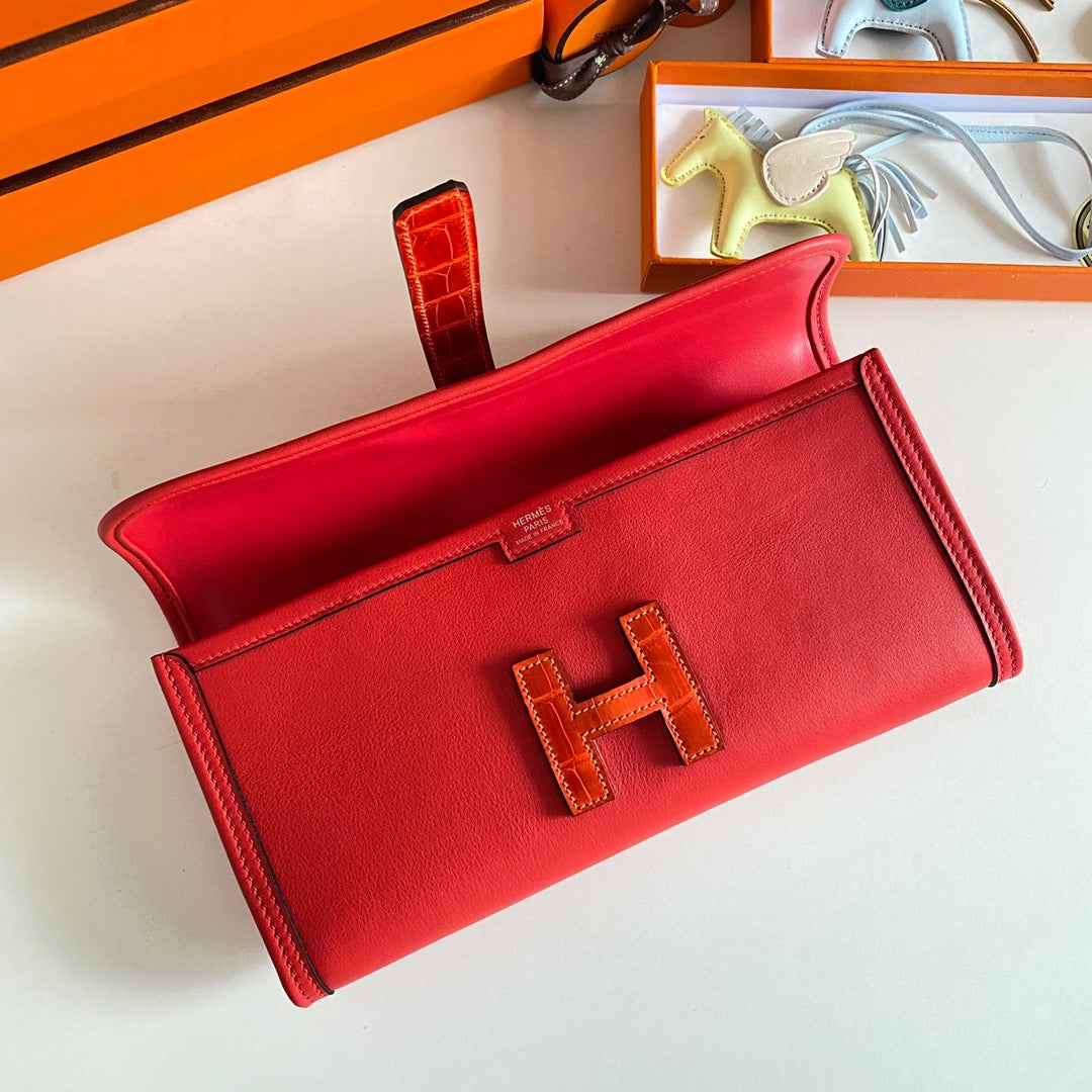 Hermes Red Jige Elan Crocodile Leather Clutch Swift 29