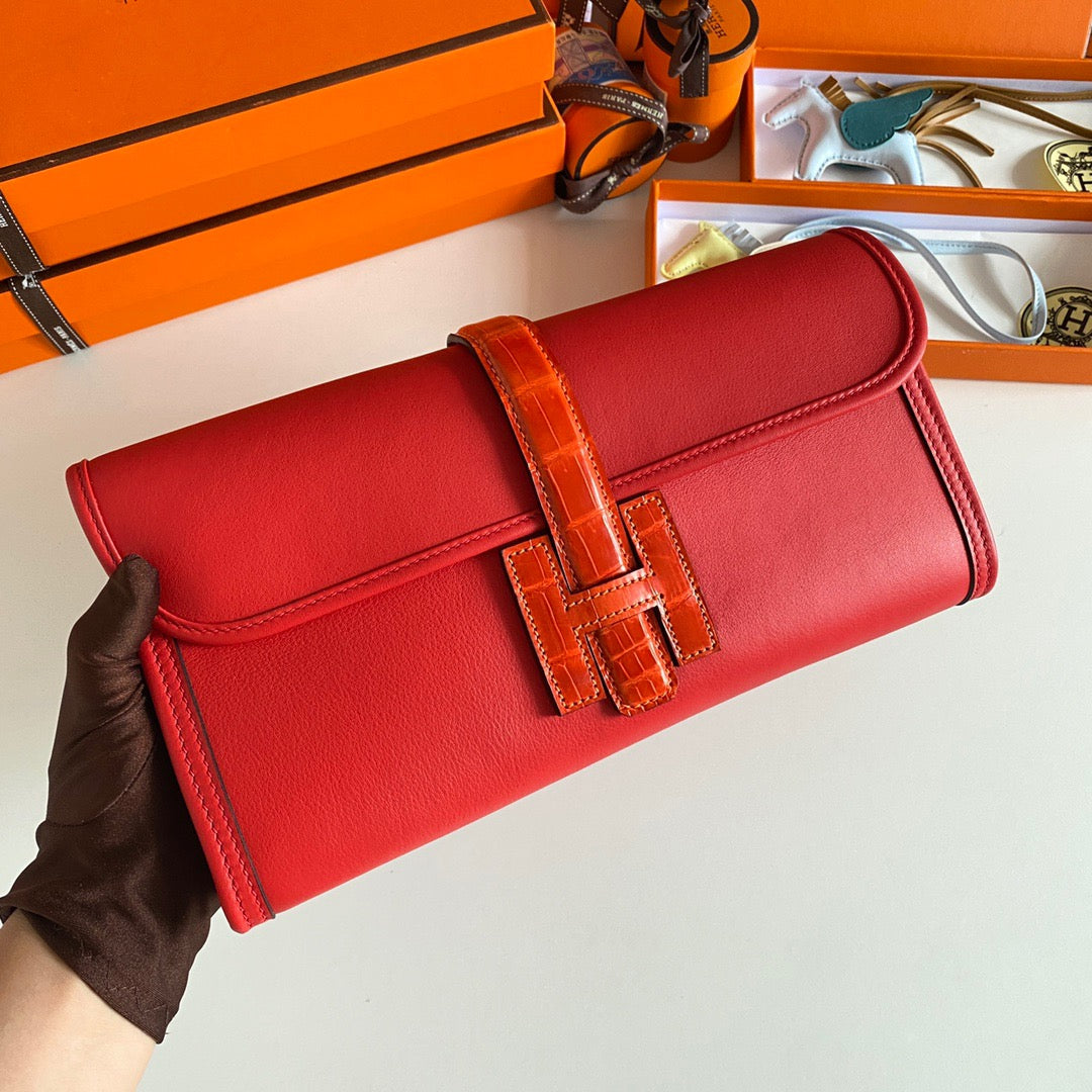 Hermes Red Jige Elan Crocodile Leather Clutch Swift 29