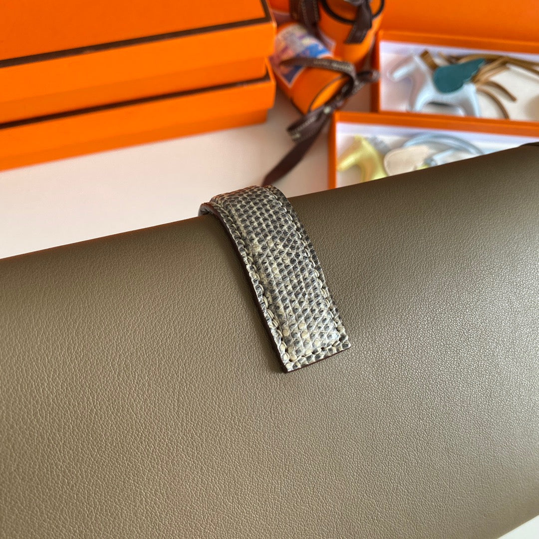 Hermes Jige Clutch In Etoupe Crocodile Leather