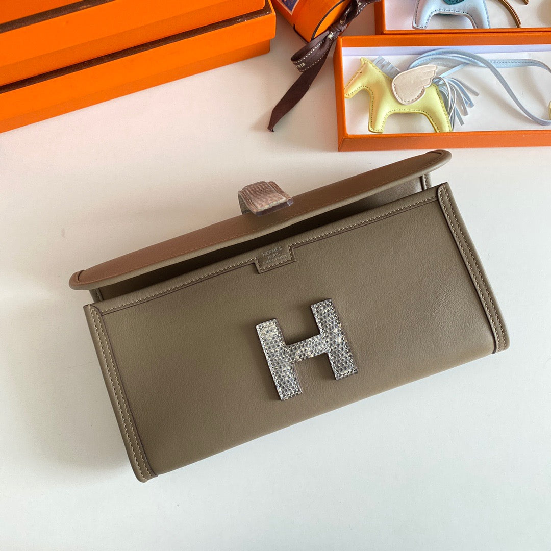 Hermes Jige Clutch In Etoupe Crocodile Leather