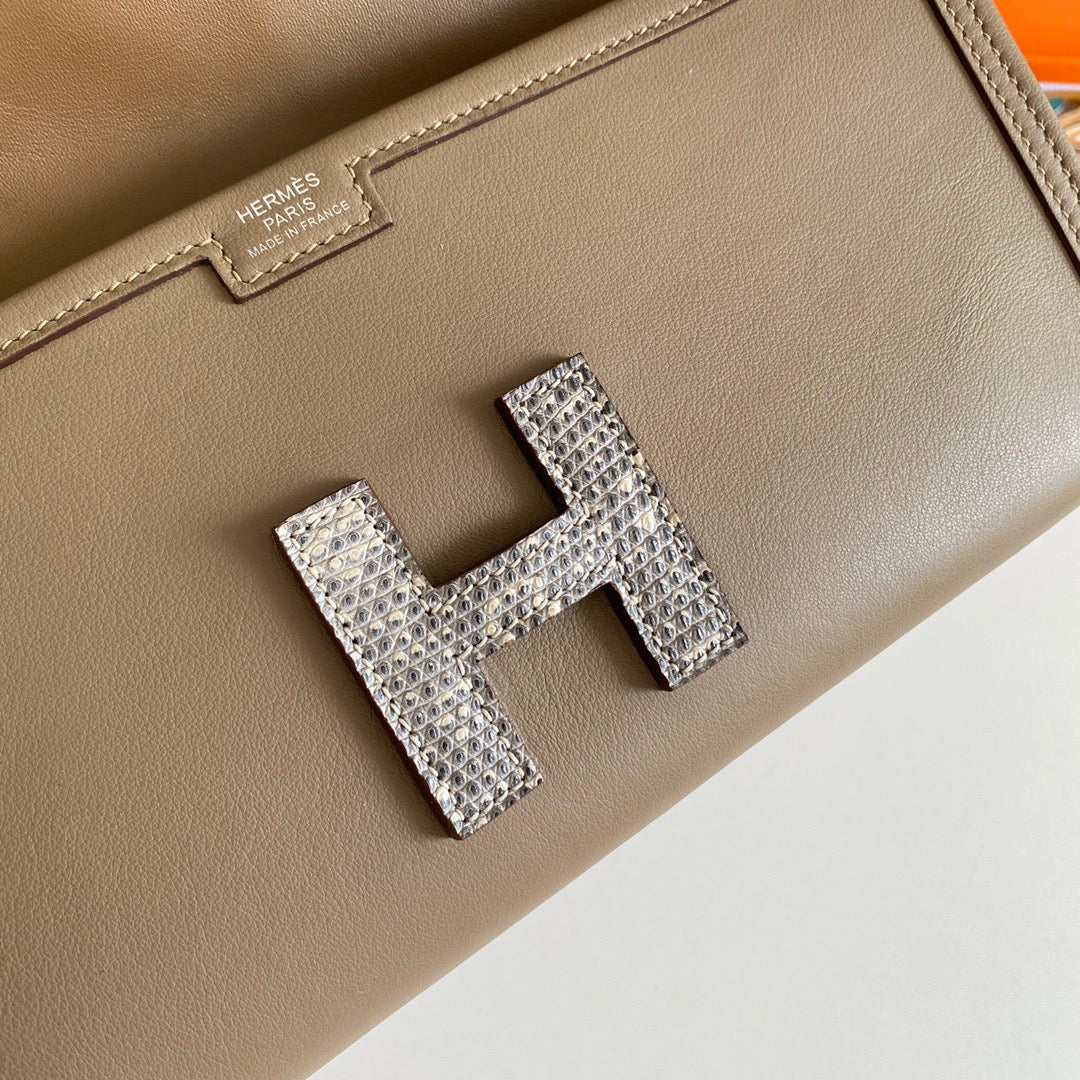 Hermes Jige Clutch In Etoupe Crocodile Leather