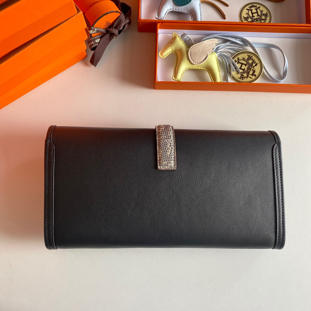 Hermes Black Jige Elan Lizard Touch 29 Clutch