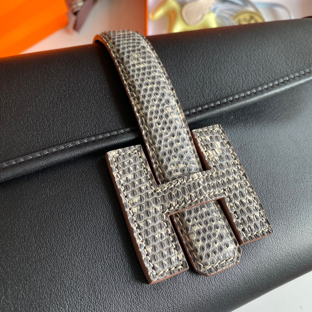 Hermes Black Jige Elan Lizard Touch 29 Clutch