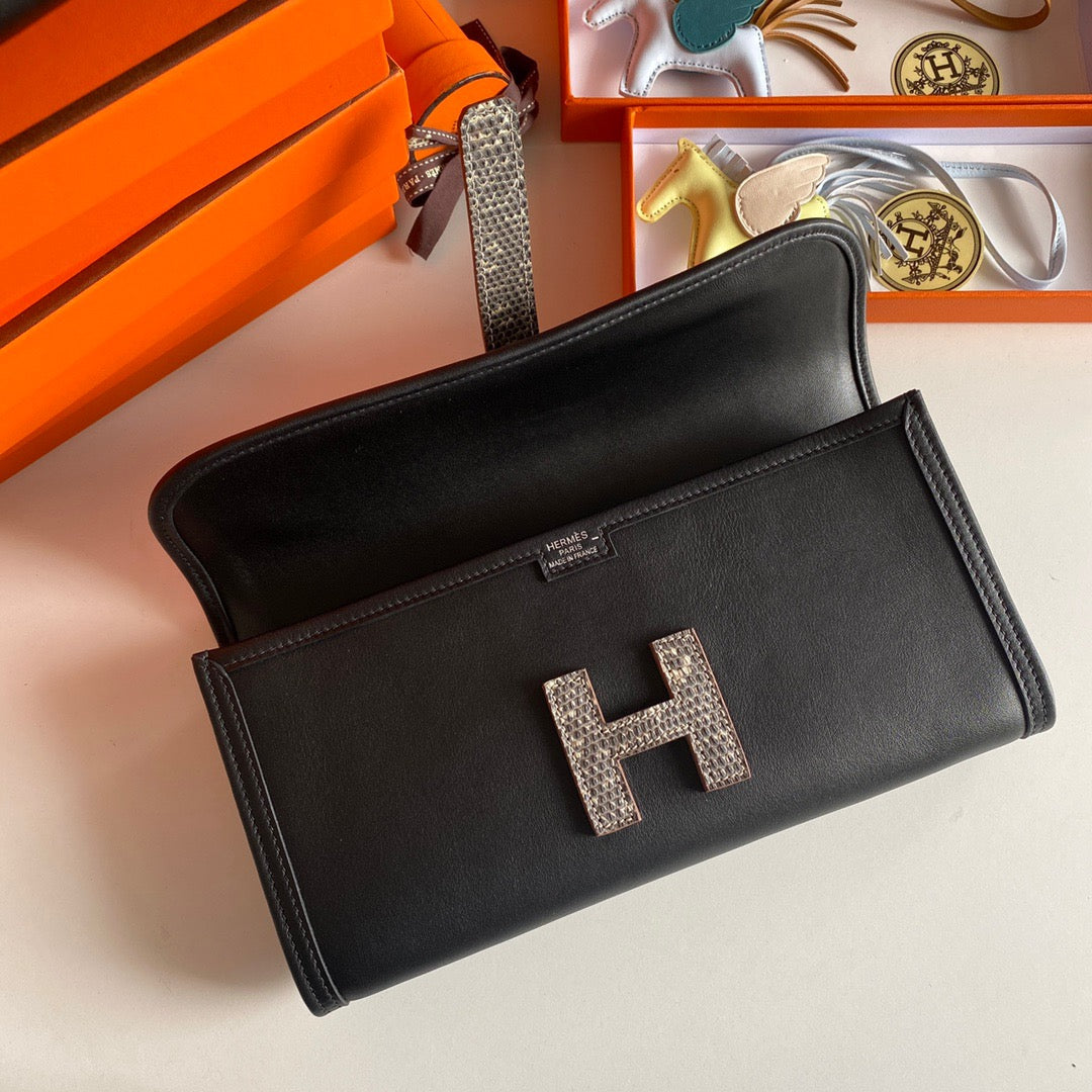 Hermes Black Jige Elan Lizard Touch 29 Clutch