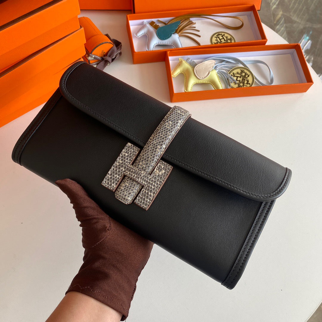 Hermes Black Jige Elan Lizard Touch 29 Clutch