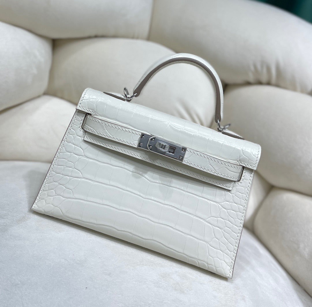 Hermes White Crocodile Mini Kelly II 20 cm With Silver Hardware