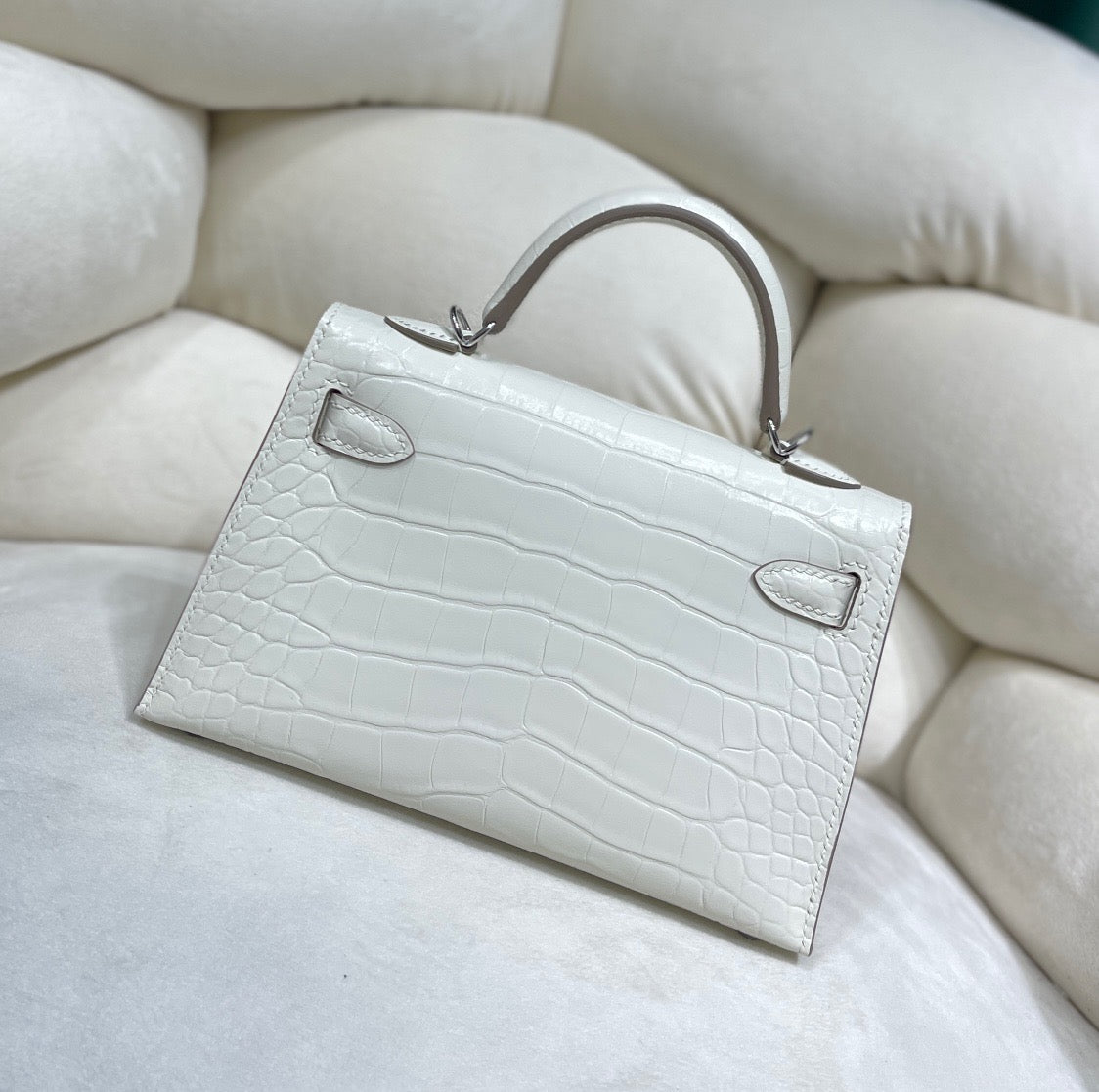 Hermes White Crocodile Mini Kelly II 20 cm With Silver Hardware