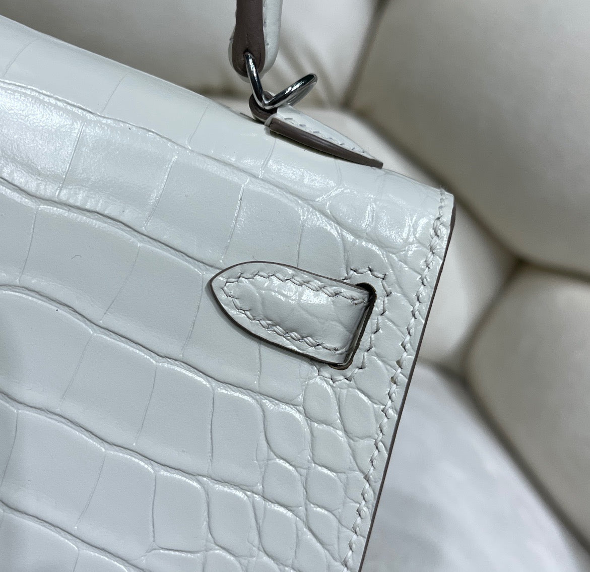 Hermes White Crocodile Mini Kelly II 20 cm With Silver Hardware