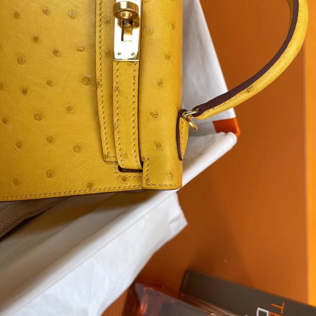 Hermes Kelly Mini II Sellier Handmade Bag In Lime Ostrich Leather