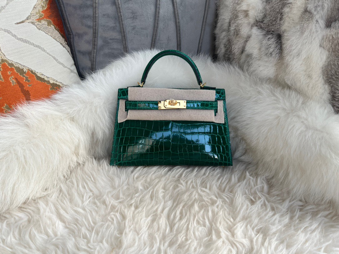 Hermes Dark Green Crocodile Mini Kelly II 20 cm