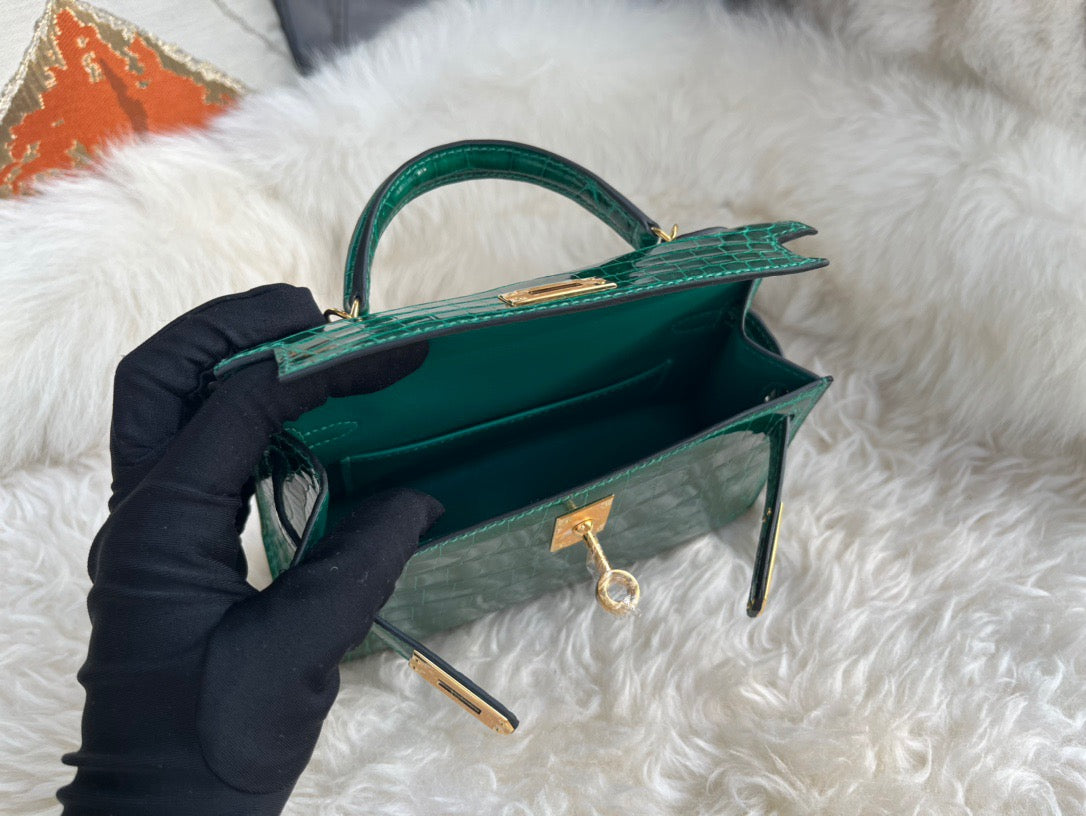 Hermes Dark Green Crocodile Mini Kelly II 20 cm