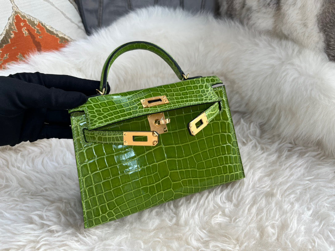 Hermes Avocado Green Crocodile Mini Kelly II 20 cm