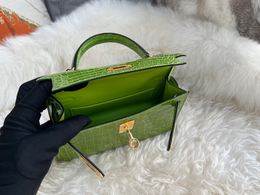 Hermes Avocado Green Crocodile Mini Kelly II 20 cm