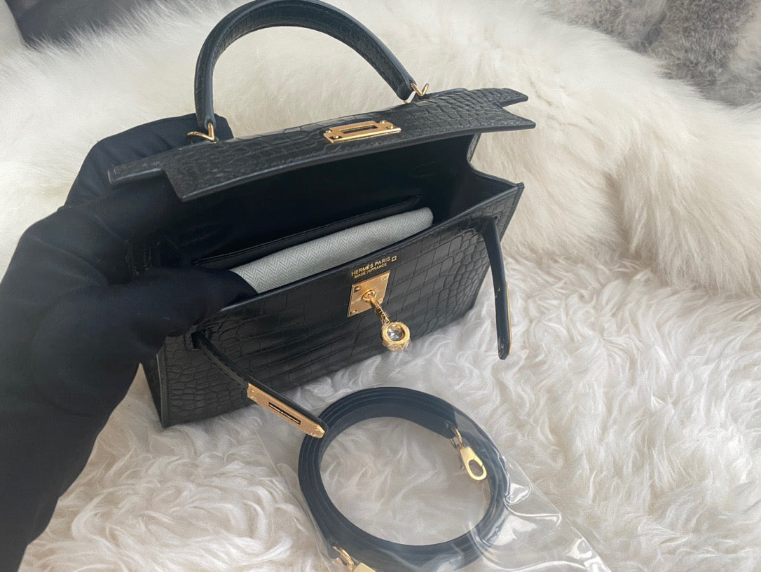 Hermes Black Crocodile Mini Kelly II 20 cm With Gold Hardware