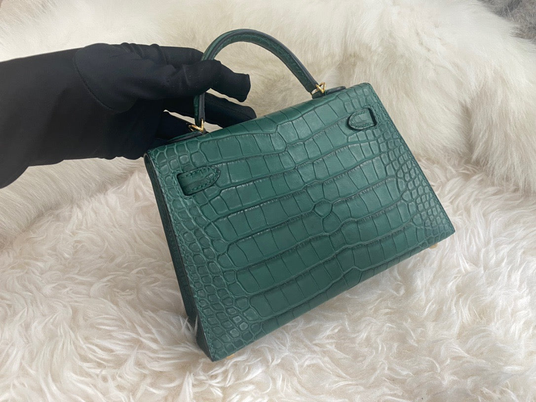 Hermes Dark Green Crocodile Mini Kelly II 20 cm